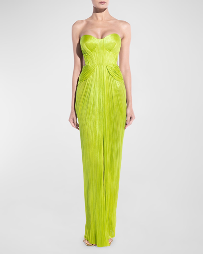 Maria Lucia Hohan Caly Strapless Cutout Plisse Slit Gown In Lime