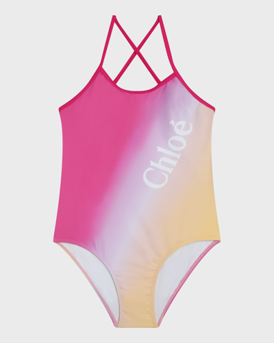 Chloé Kids' Girl's Tie-dye One-piece Swimsuit In Pink/yellow