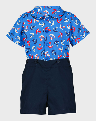 Rachel Riley Babies' Boy's Anchor-print Shirt And Shorts Set In Blue