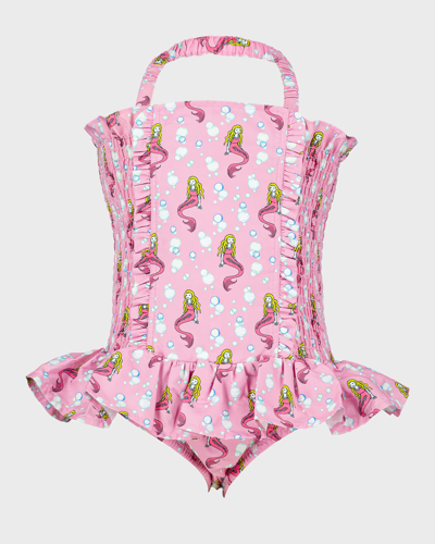 Rachel Riley Kids' Girl's Mermaid Ruched Swimsuit In Pink