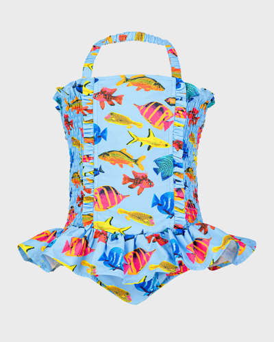 Rachel Riley Kids' Tropical-fish Ruched Swimsuit In Multi