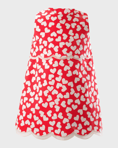 Rachel Riley Kids' Girl's Heart-print Scalloped Shift Dress In Red
