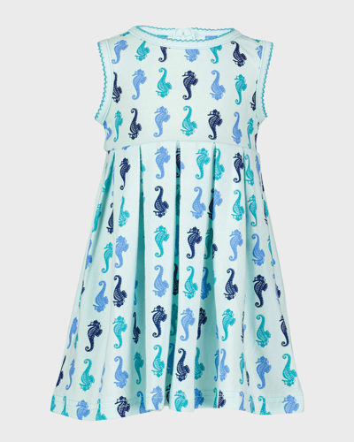 Rachel Riley Kids' Seahorse-print Pleated Dress In Blue