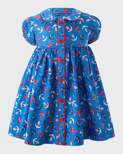 Rachel Riley Kids' Girl's Anchor-print Button-front Dress With Bloomers In Blue
