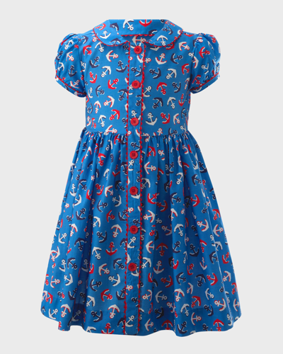 Rachel Riley Kids' Girl's Anchor-print Cotton Button-front Dress In Blue