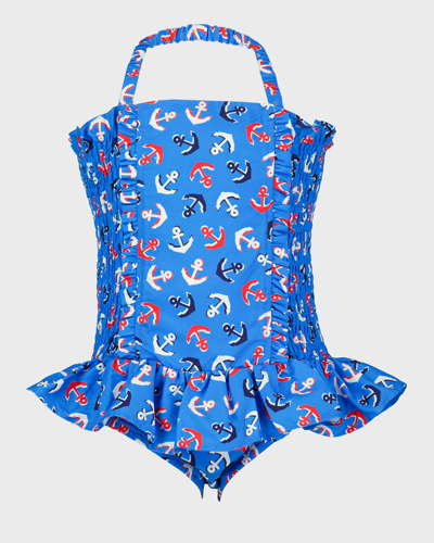 Rachel Riley Kids' Anchor-print Ruched Swimsuit In Blue