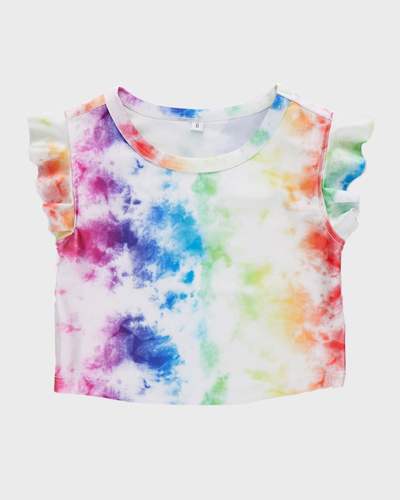 Terez Kids' Girl's Rainbow Ice Dye Ruffle Crop Top In Multi