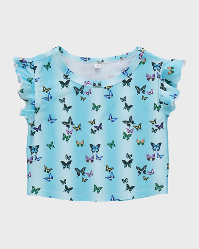 Terez Kids' Girl's Butterfly Sky Ruffle Crop Top In Blue