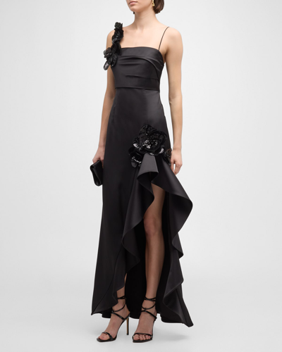 Ungaro Side-slit Sequin Flower-embellished Gown In Black