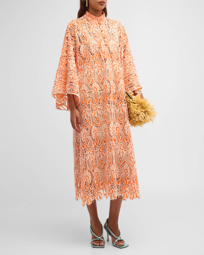 La Vie Style House Flare-sleeve Floral Lace Midi Caftan In Orange