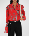 Burberry Chain-print Shoulder-epaulet Button-front Silk Top In Silverred