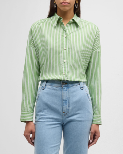 Xirena Riley Striped Button-down Cotton Top In Matcha Stripe