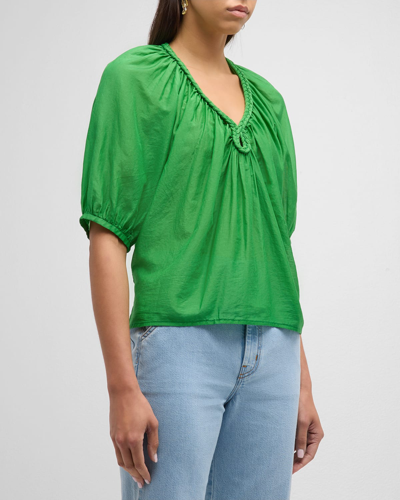 Xirena Blythe Ruched Braid-trim Cotton-silk Top In Jade Gem