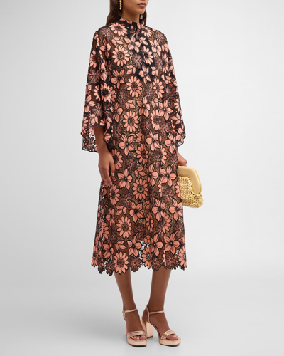 La Vie Style House 3/4-sleeve Floral Lace Midi Caftan In Peach And Black
