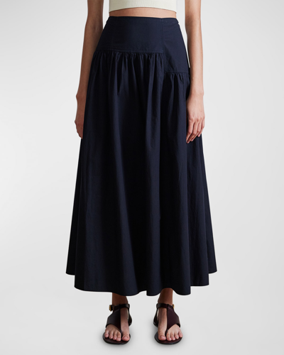 Apiece Apart Nora Asymmetric Ruched Poplin Maxi Skirt In Black