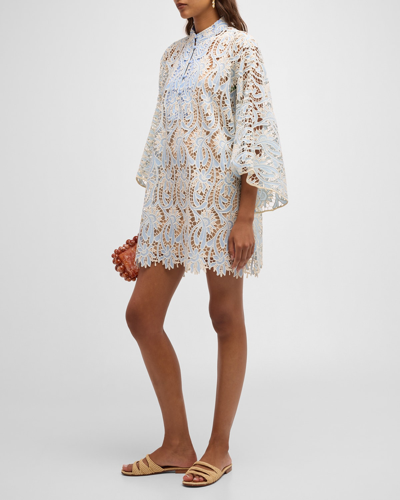 La Vie Style House Flare-sleeve Floral Lace Mini Caftan In Light Blue