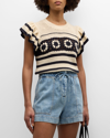 Rails Penelope Flutter-sleeve Crochet Blouse In Oat Crochet Strip