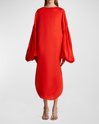 Khaite Zelma Balloon-sleeve Silk Midi Dress In Fire Red