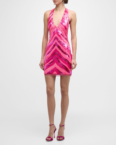 Liv Foster Backless Deep V-neck Sequin Halter Mini Dress In Hot Pink