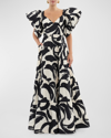 REBECCA VALLANCE POMPIDOU TIERED BRUSHSTROKE-PRINT MAXI DRESS