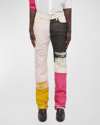 Helmut Lang Colorblock Distressed Silk Chiffon Panel Straight Leg Jeans In Cream Multi