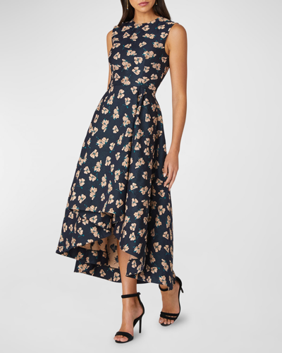 Shoshanna Pleated High-low Floral Jacquard Midi Dress In Peachnavy