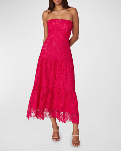 Shoshanna Strapless Tiered Floral Lace Midi Dress In Magenta