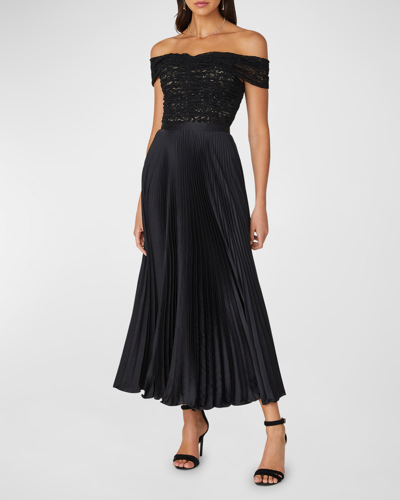 Shoshanna Pleated Off-shoulder Corded Lace Midi Dress In Jetnude