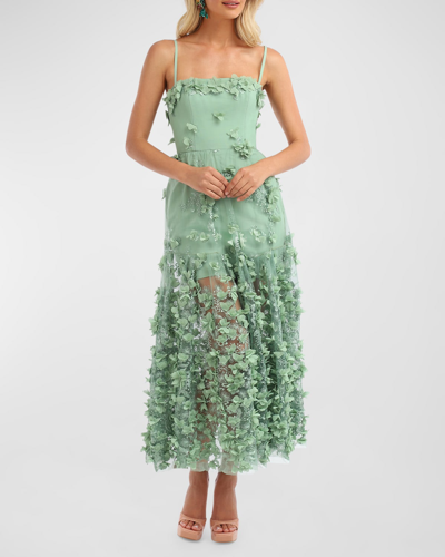 Helsi Audrey Embroidered Floral Applique Midi Dress In Sage
