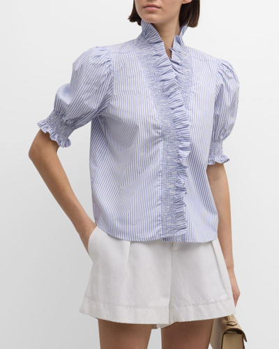 Finley Cici Smocked Striped Ruffle Shirt In Whiteblue