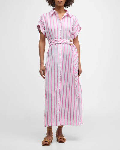 Finley Smithy Belted Striped Linen Maxi Shirtdress In Whitepink