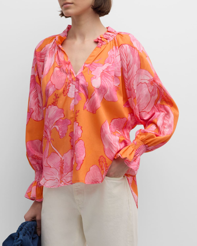 Finley Candance Floral-print Blouson-sleeve Cotton Top In Orangepink