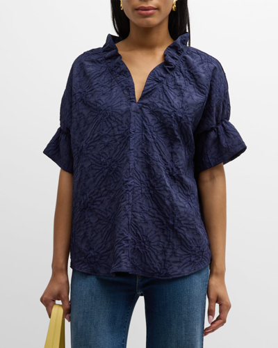 Finley Crosby Ruffle Textured Jacquard Top In Navy