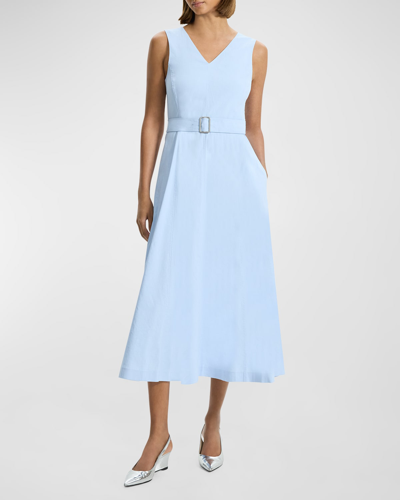 Theory V-neck Sleeveless Belted Midi Dress In Skylight