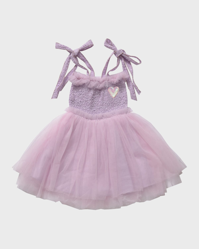 Petite Hailey Kids' Girl's Smocked Tie-shoulder Tulle Dress In Lilac