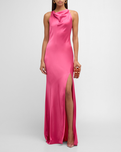 Lapointe Cowl-neck Sleeveless Slit-hem Doubleface Satin Gown In Magenta