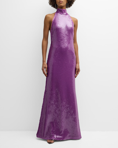 Lapointe Sequined Halter Backless Gown In Violet