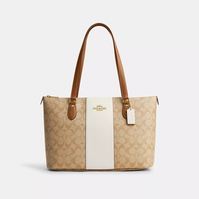 Coach Outlet Gallery Tote In Signature Canvas With Stripe In Brown