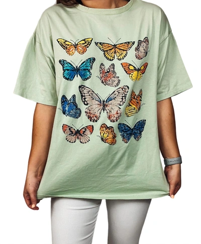 Baevely By Wellmade Butterfly Away T-shirt In Sage Green