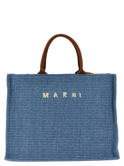 Marni Large Shopping Bag With Logo Embroidery In Light Blue
