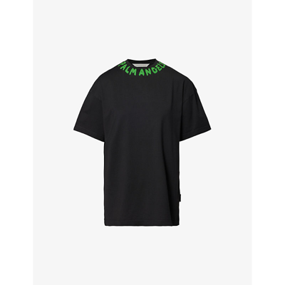 Palm Angels Womens Black Green Seasonal Brand-typography Cotton-jersey T-shirt
