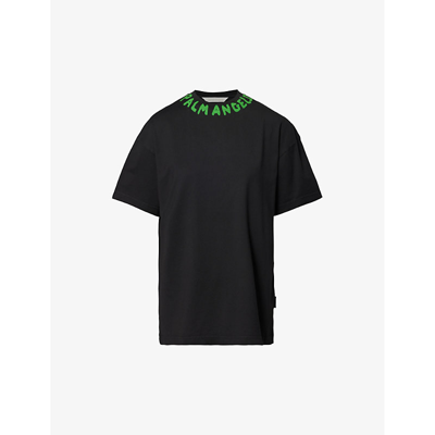 PALM ANGELS PALM ANGELS WOMEN'S BLACK GREEN SEASONAL BRAND-TYPOGRAPHY COTTON-JERSEY T-SHIRT