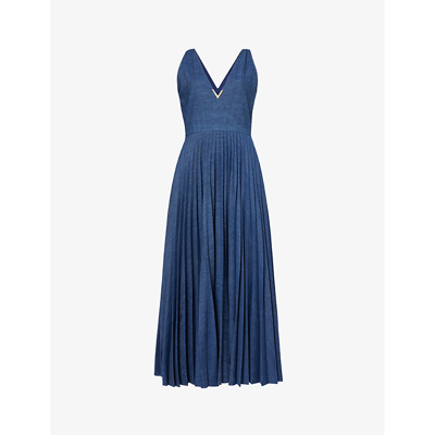 Valentino Garavani Womens Medium Blue Denim Plunge-neck Logo-plaque Denim Maxi Dress