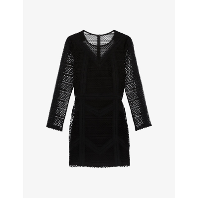 The Kooples Womens Black Open-weave Round-neck Knitted Mini Dress