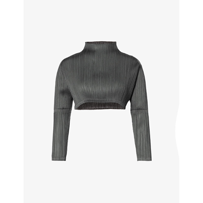 Issey Miyake Pleats Please  Womens Charcoal Gray Pleated Cropped Knitted Top