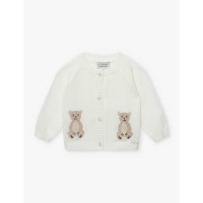 Trotters Girls Off White Kids Teddy Bear Bear-motif Cotton And Wool-blend Cardigan 0-9 Months