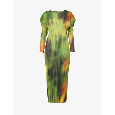 ISSEY MIYAKE PLEATS PLEASE ISSEY MIYAKE WOMENS SPINACH TURNIP AND SPINACH ABSTRACT-PATTERN KNITTED MIDI DRESS