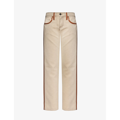 Miu Miu Contrast-stitching Brand-embroidered Mid-rise Straight-leg Canvas Jeans In Naturale+cognac
