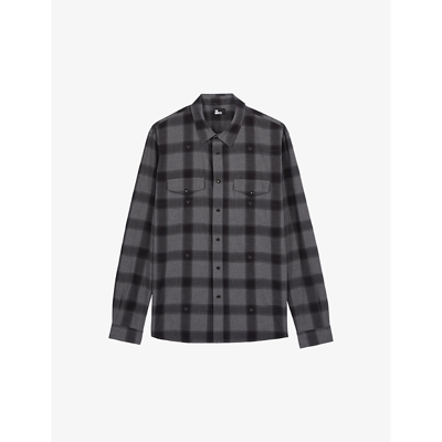 The Kooples Mens Black Grey Check-pattern Patch-pocket Cotton Shirt
