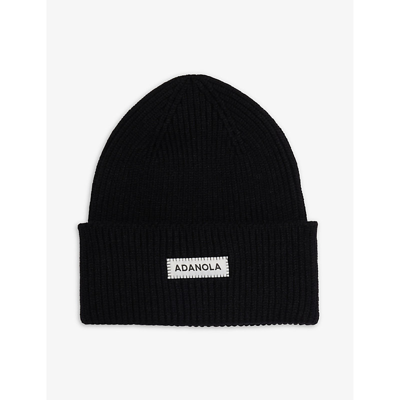 Adanola Womens Black Folded-brim Brand-patch Knitted Beanie